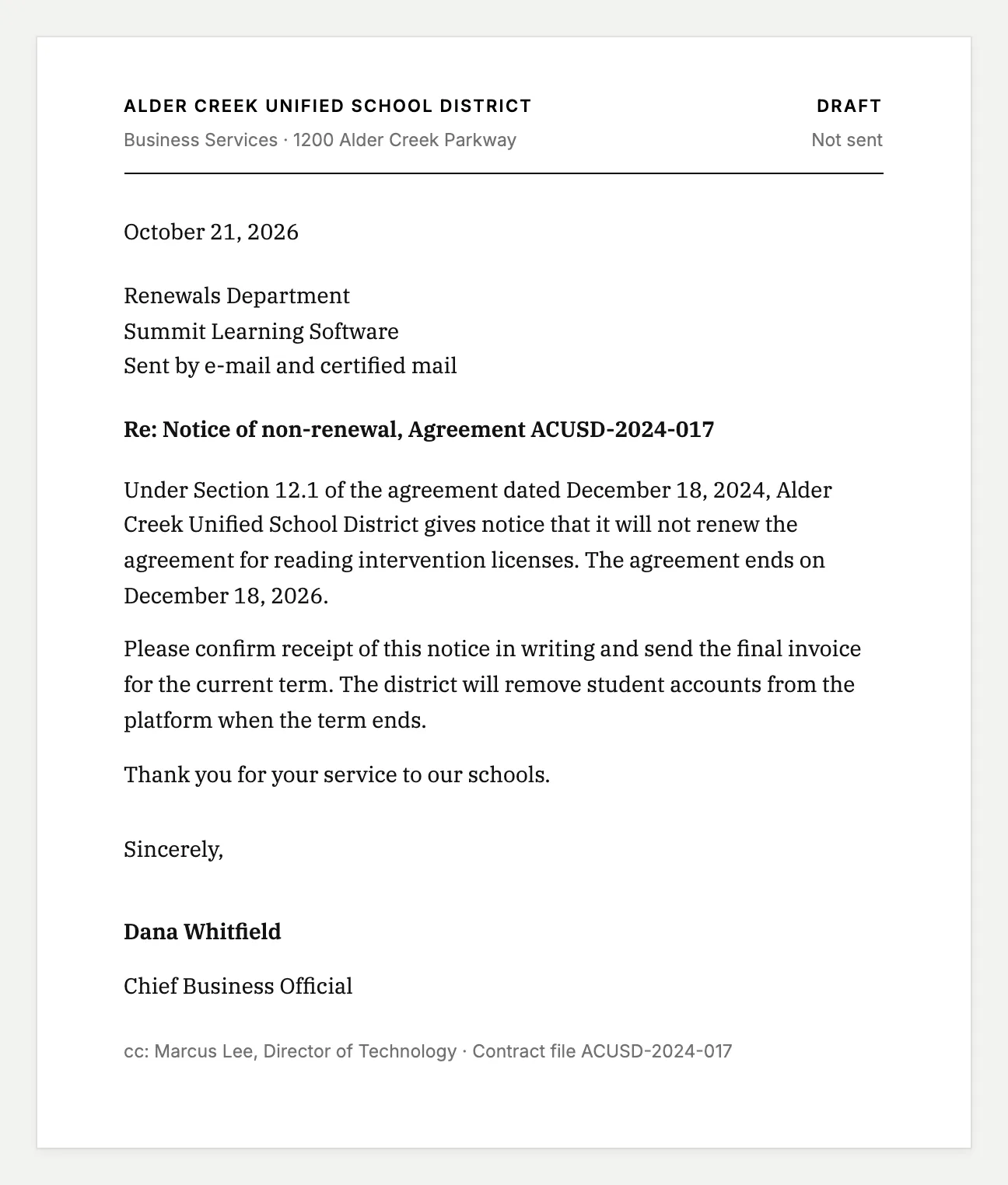 A non-renewal notice to Summit Learning Software on Alder Creek Unified School District letterhead, signed by Dana Whitfield.