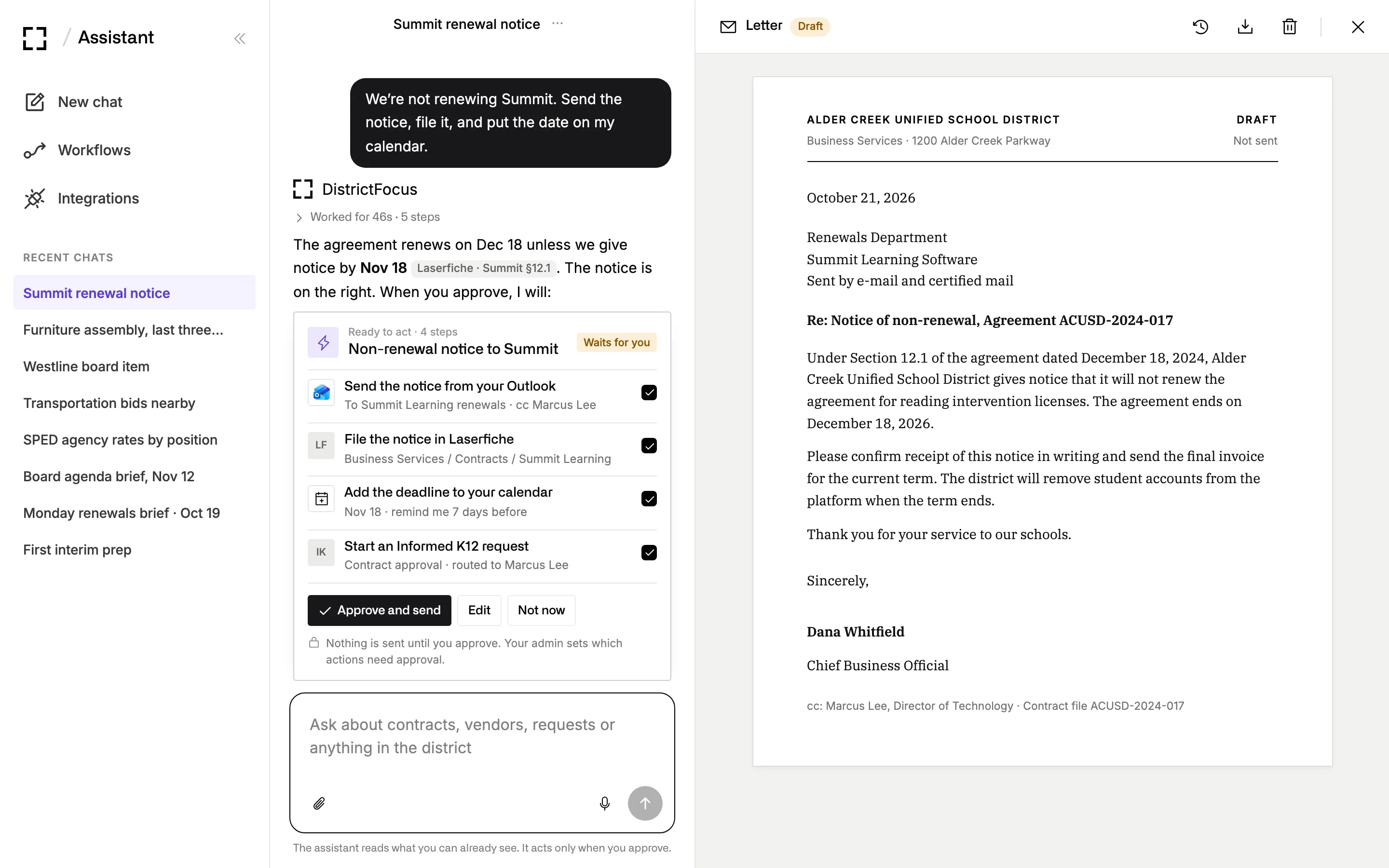 A non-renewal notice for Summit Learning Software: the chat lists four steps in Outlook, Laserfiche, the calendar and Informed K12 with an Approve and send button, and the letter on district letterhead sits in the pane.