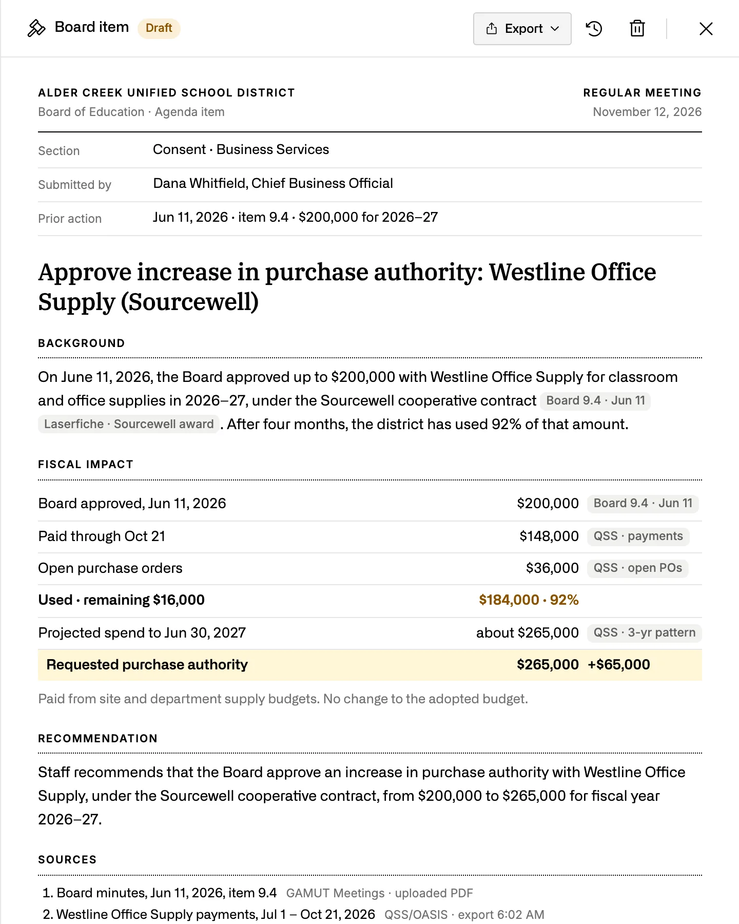 A board item on the Alder Creek template: raise Westline Office Supply purchase authority to $265,000, with background, a fiscal impact table with sources and a recommendation.