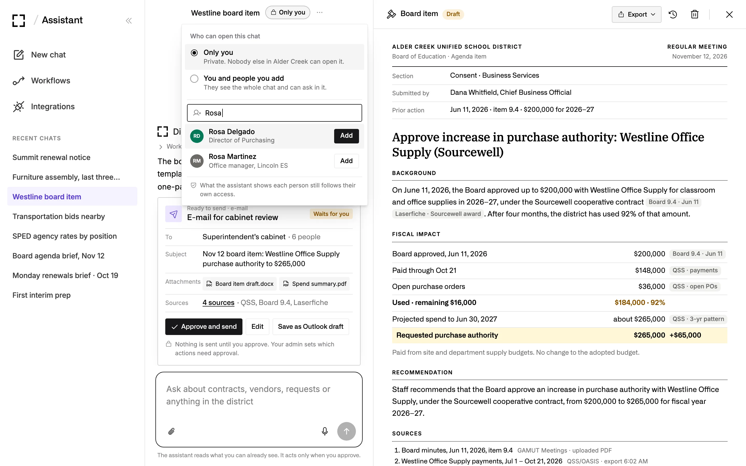 A chat’s sharing menu: Only you is selected and marked private, with the option to add people, a search for Rosa, and a note that the Assistant still shows each person only what they can access.