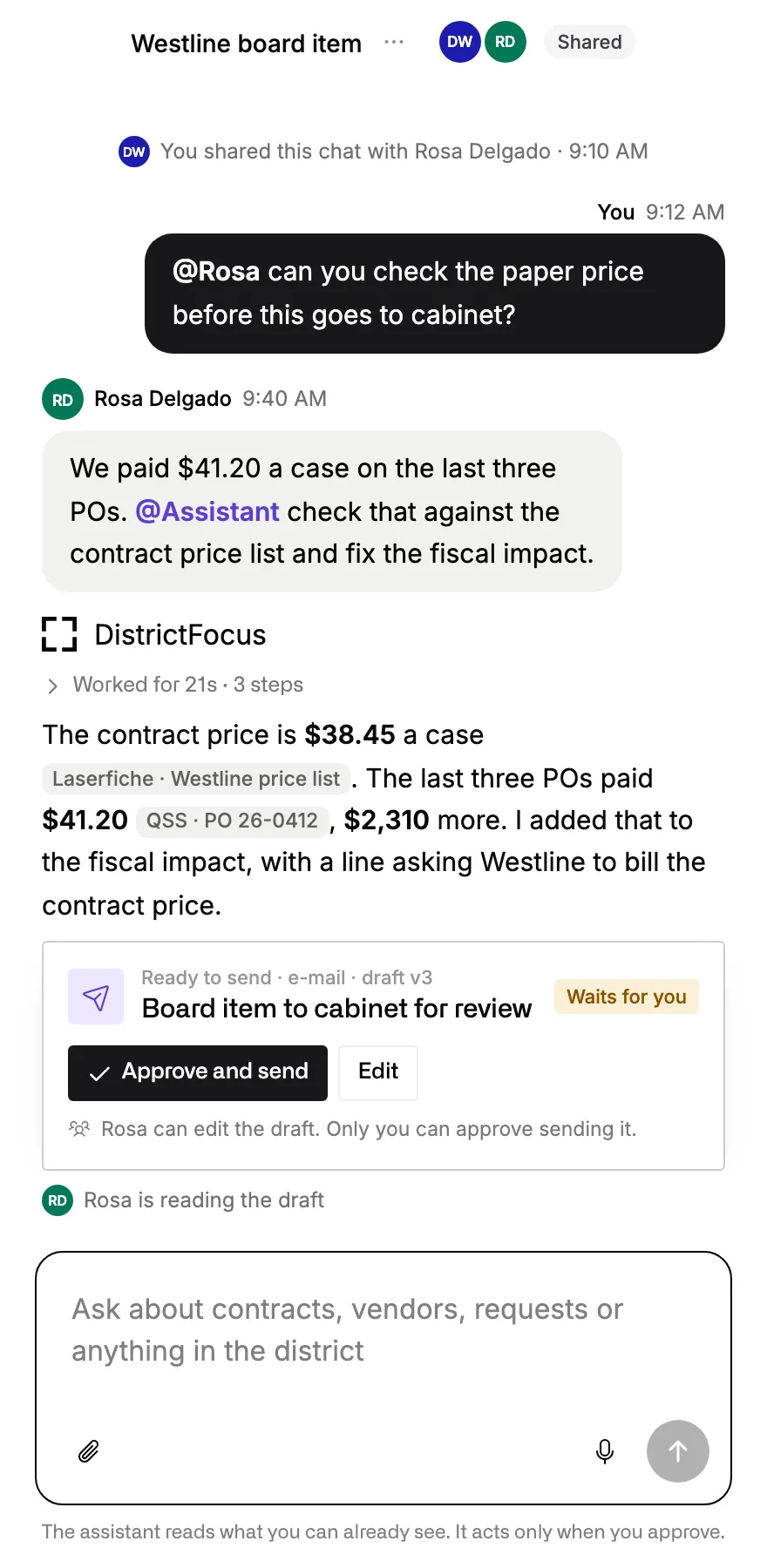 A shared chat where the Director of Purchasing asks the Assistant to check a price, and it corrects the fiscal impact and waits for the CBO’s approval.