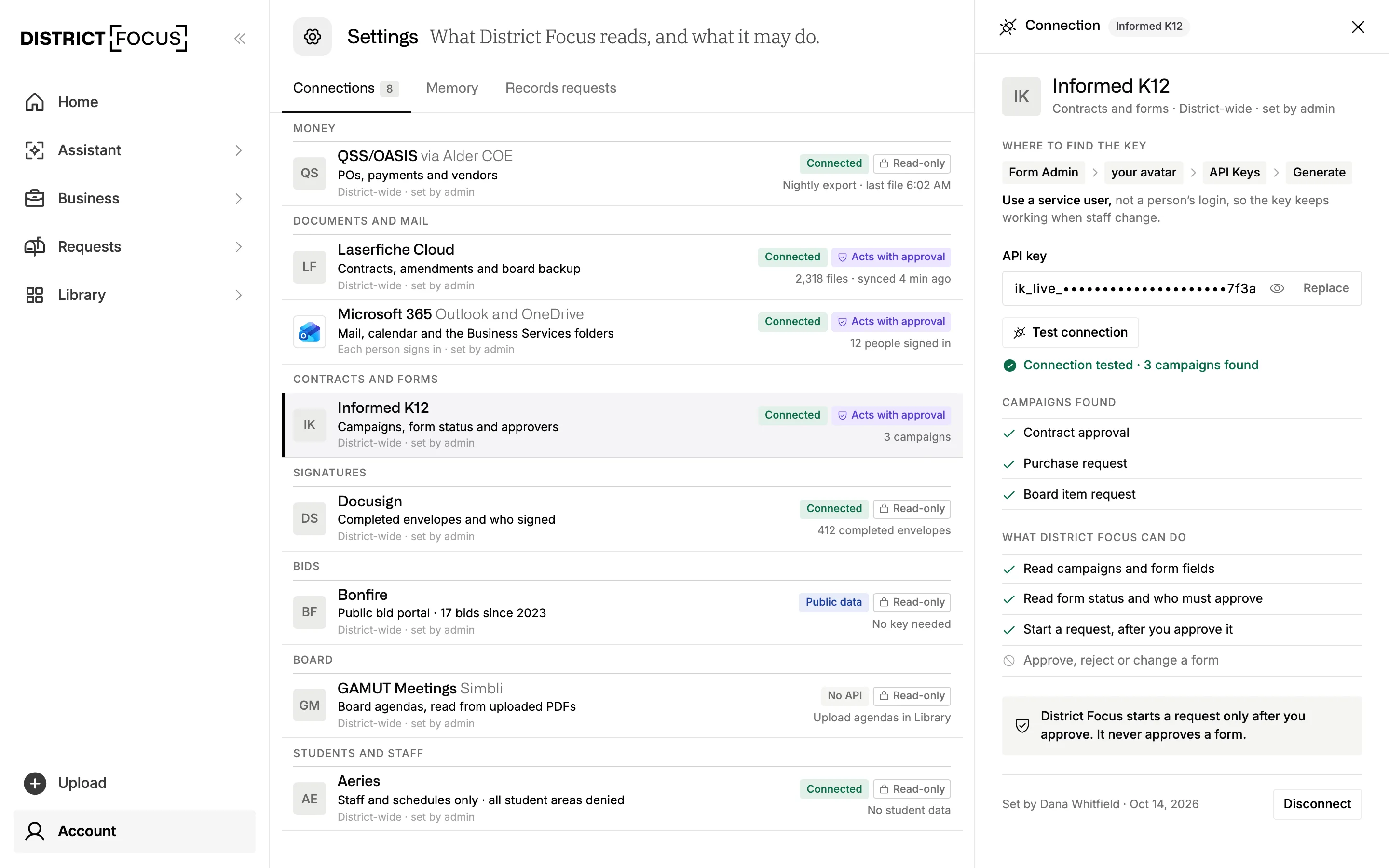 Connections settings: QSS/OASIS, Laserfiche Cloud, Microsoft 365, Informed K12 and Docusign, each connected and marked read-only or acts with approval, with sync times.