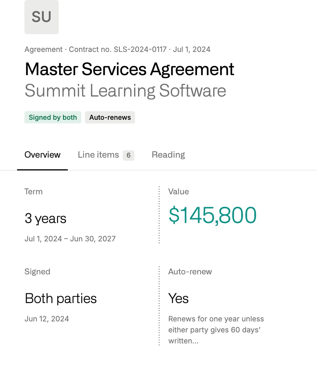 A master services agreement read by District Focus: a three-year term, a value of $145,800, signed by both parties, and an auto-renewal unless either side gives 60 days’ notice.