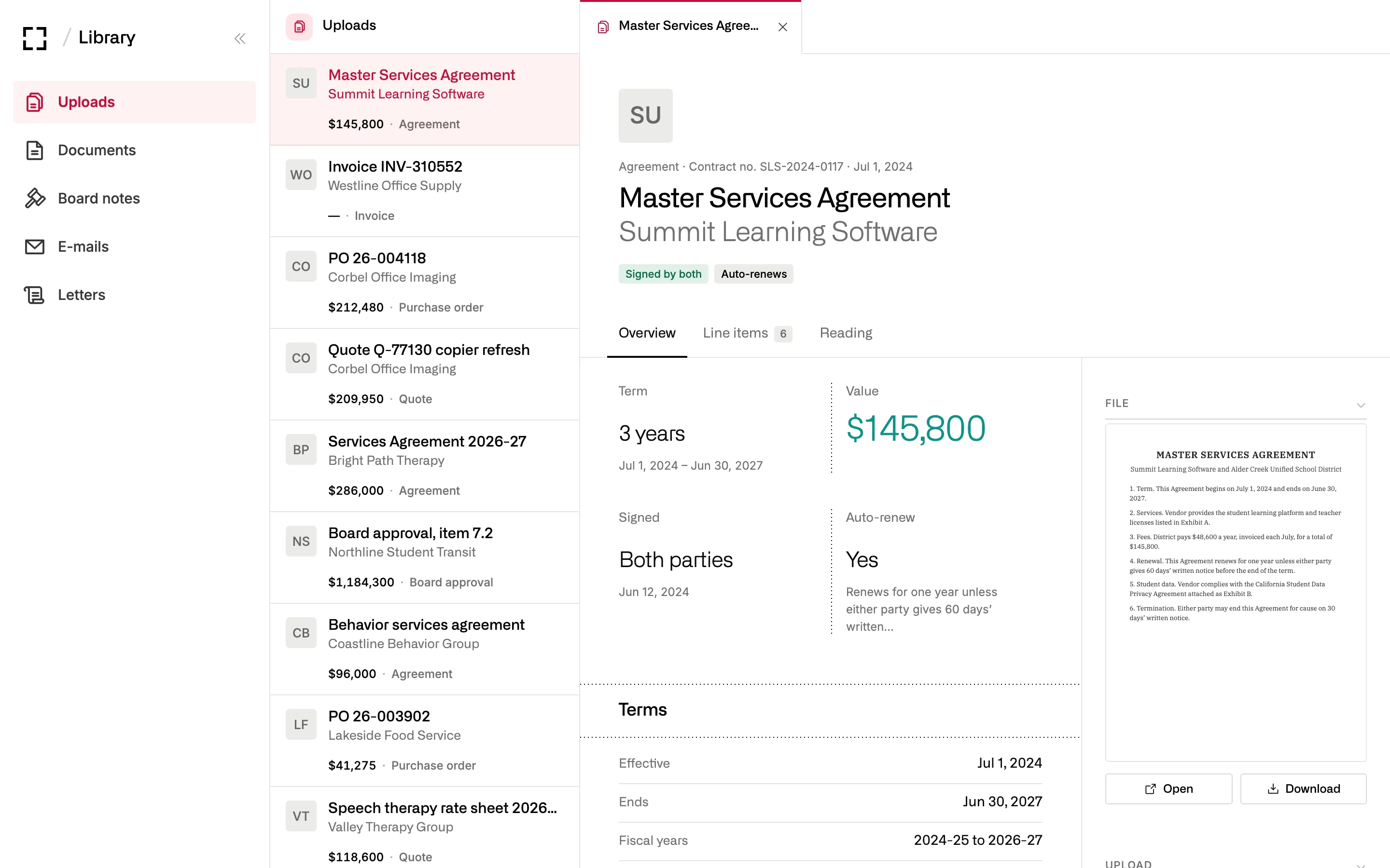 Uploads in the Library, including agency service agreements and a rate sheet, with one master services agreement open: term, value, signatures and auto-renewal.