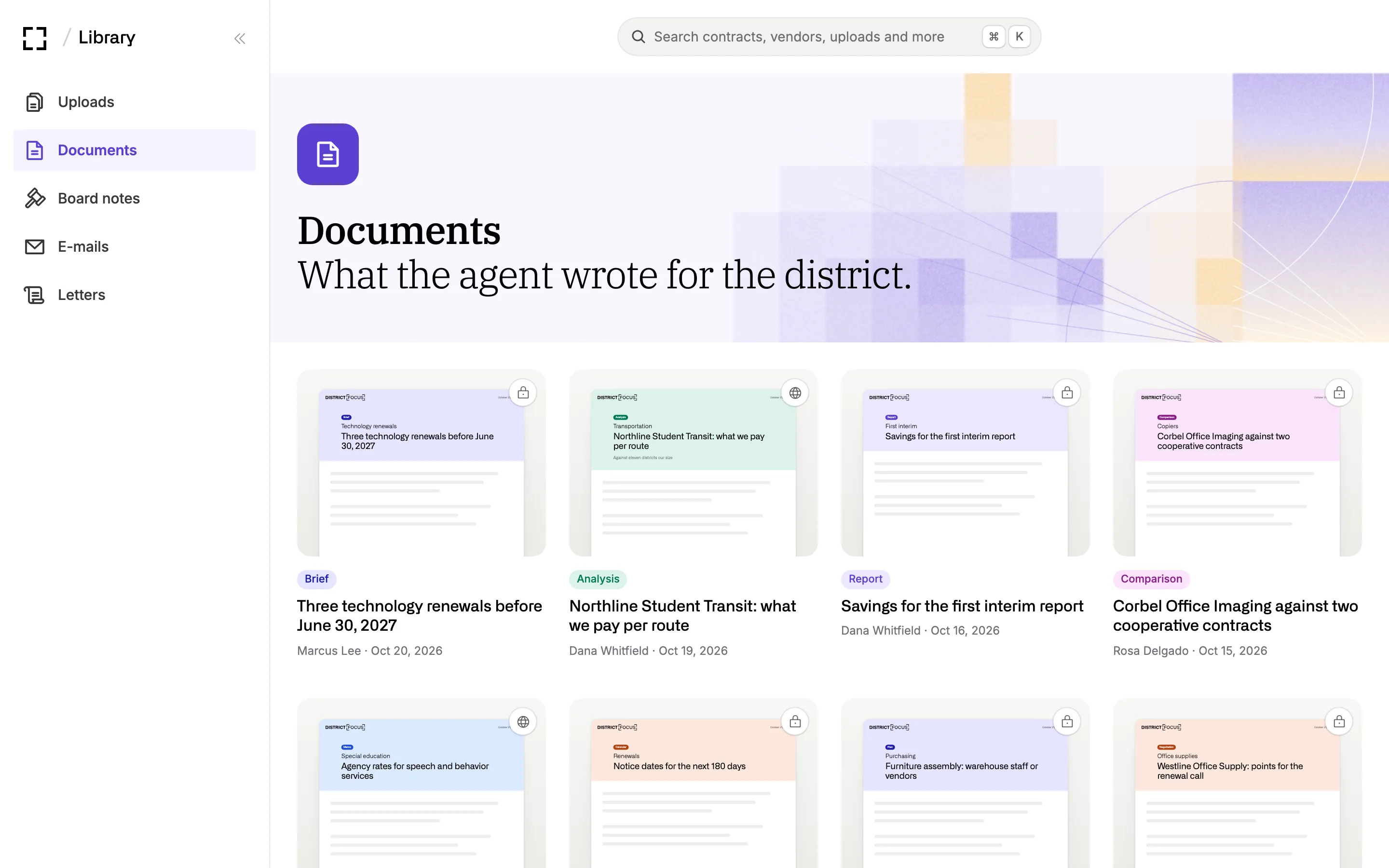 The Documents shelf: cards for a brief, an analysis, a report and a comparison, each with its author and date.