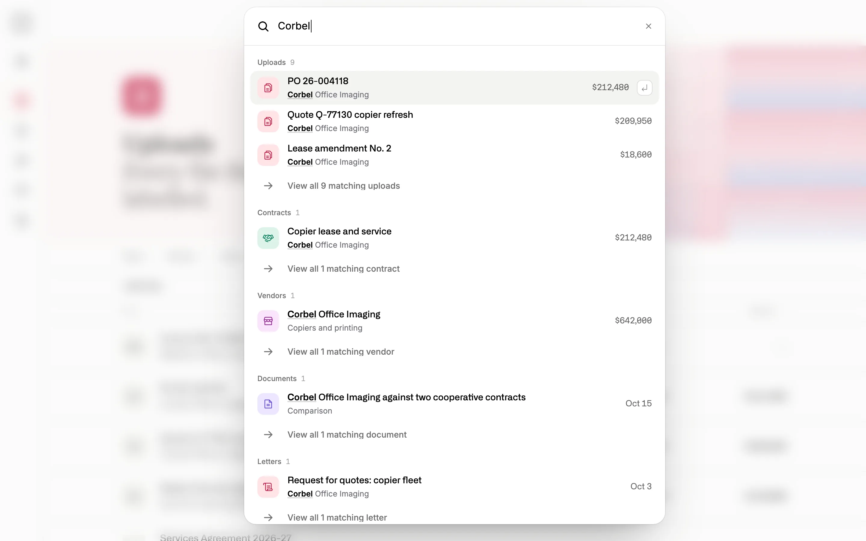 Search with Corbel typed: results grouped as uploads (a PO, a quote and a lease amendment), the copier contract, the vendor, a comparison document and a letter, each with an amount or a date and a View all row.