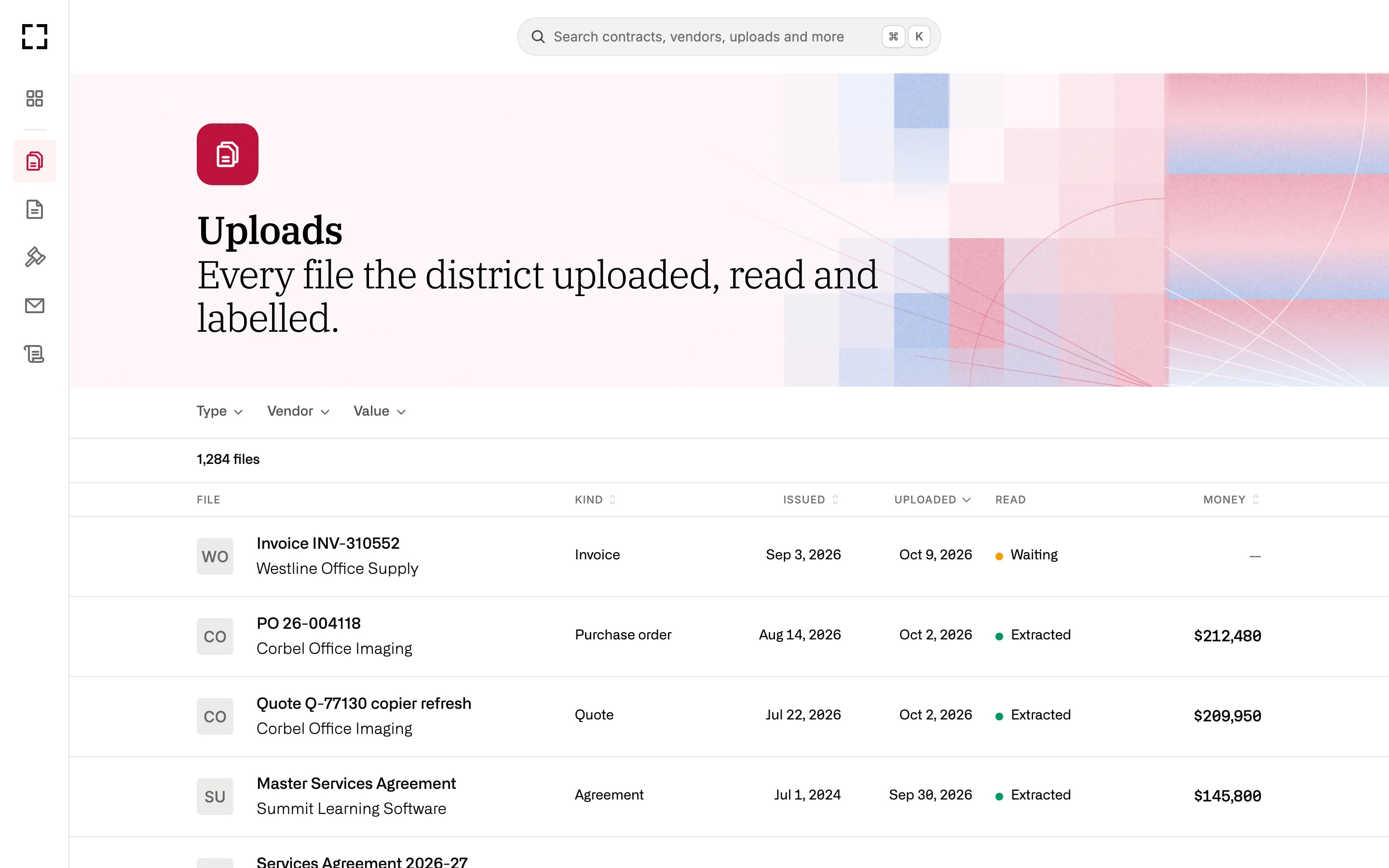 Library Uploads: 1,284 files read and labeled, with filters for type, vendor and value, and rows for an invoice, a PO, a quote and an agreement with their vendors, dates and amounts.