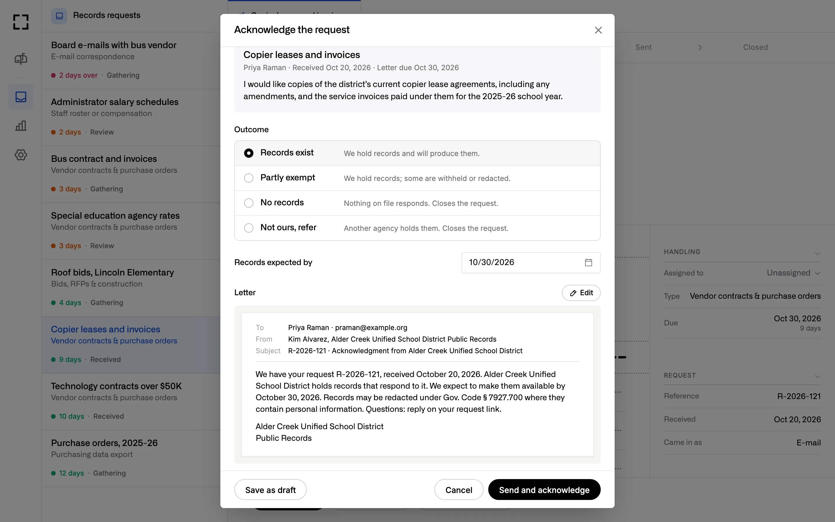 The Acknowledge dialog: four outcomes with Records exist selected, the date records are expected, and the drafted letter to the requester with Save as draft and Send and acknowledge.
