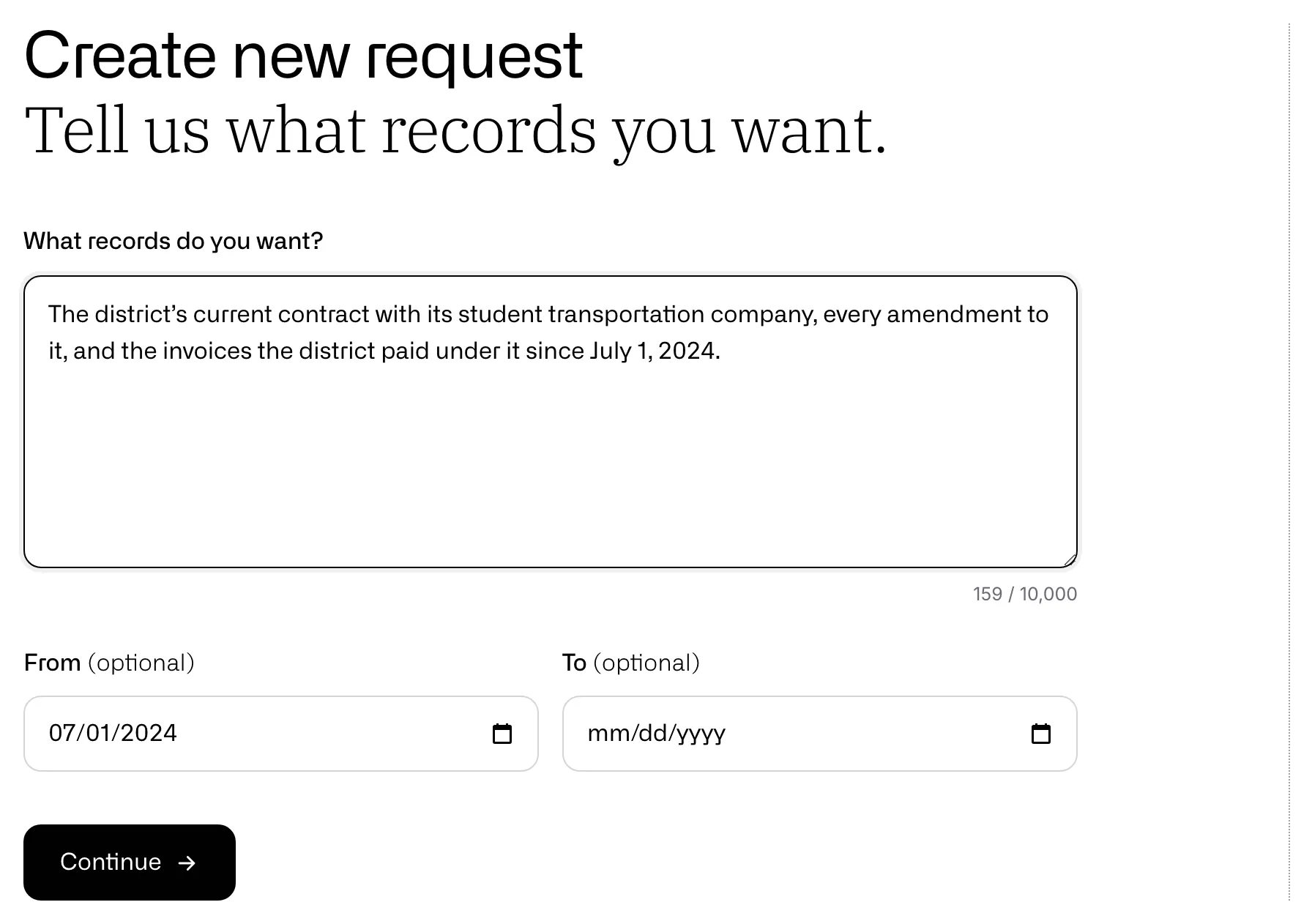 The district’s public request page: a resident describes the records they want, with an optional date range, beside notes that a name is optional, the request stays private and an answer comes within 10 days.