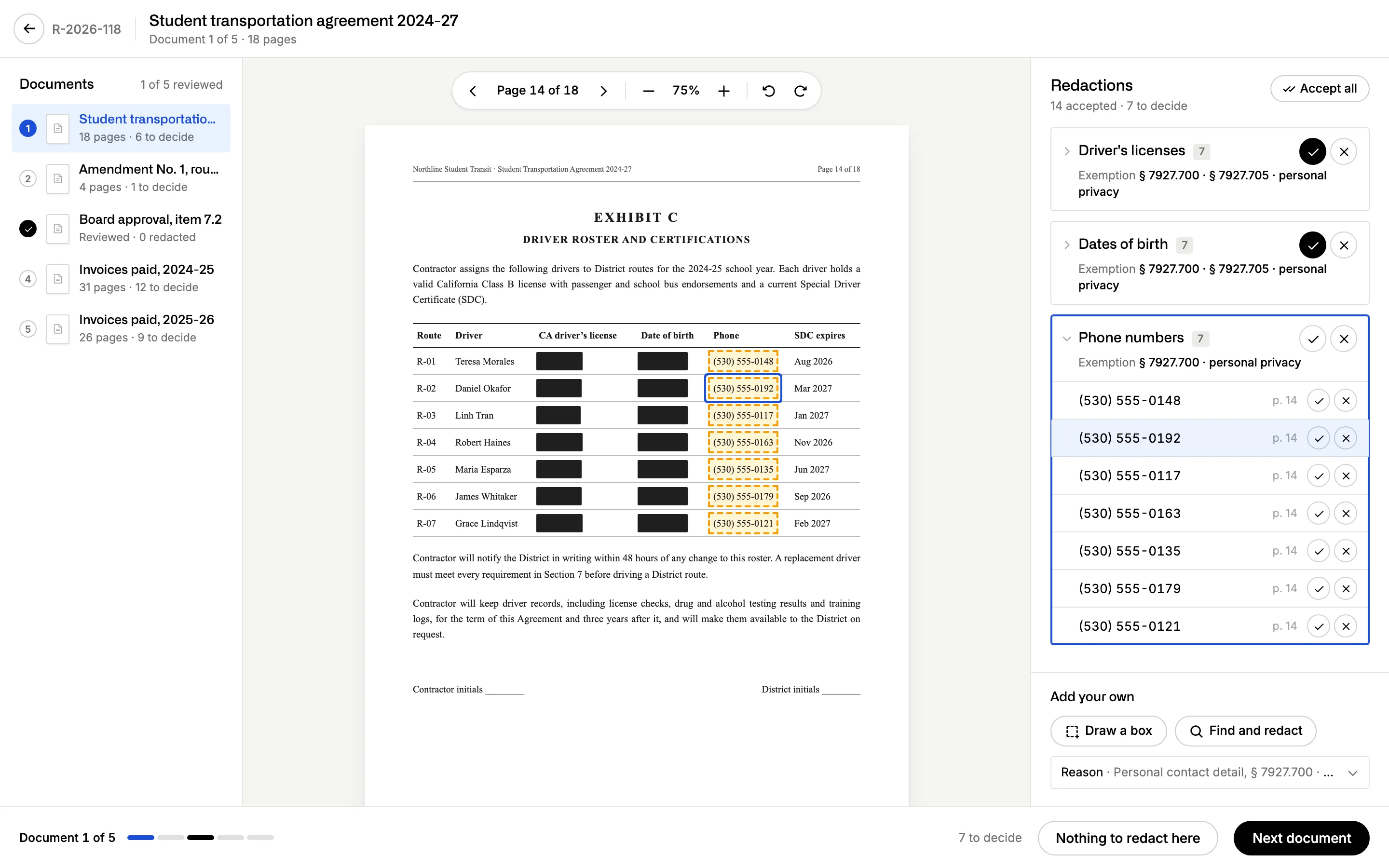 Reviewing a contract page for a records request: driver’s license numbers and dates of birth blacked out, phone numbers proposed for redaction, and a panel listing each group with its exemption and accept or reject buttons.