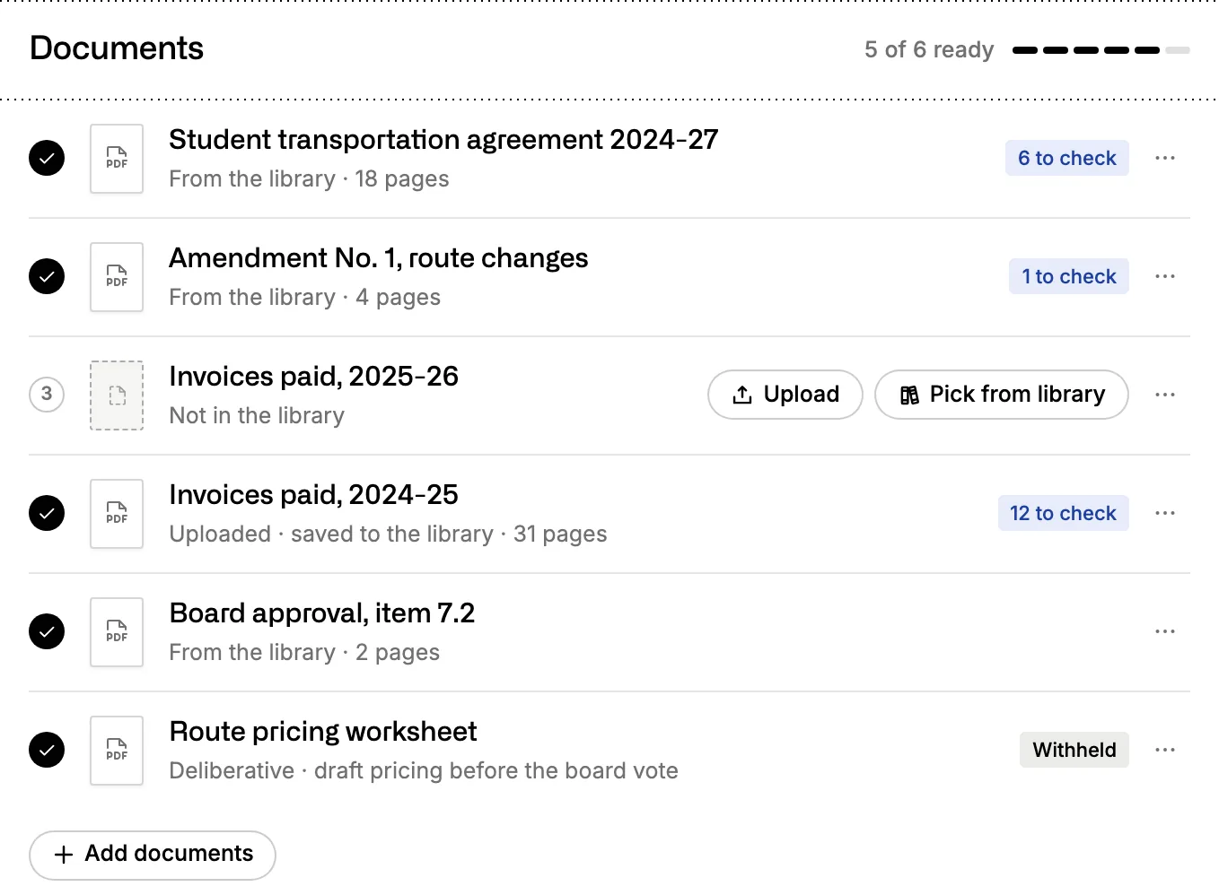 The document checklist for a records request: five of six records found, several with private details marked to check, one missing with an upload button, and one draft withheld.