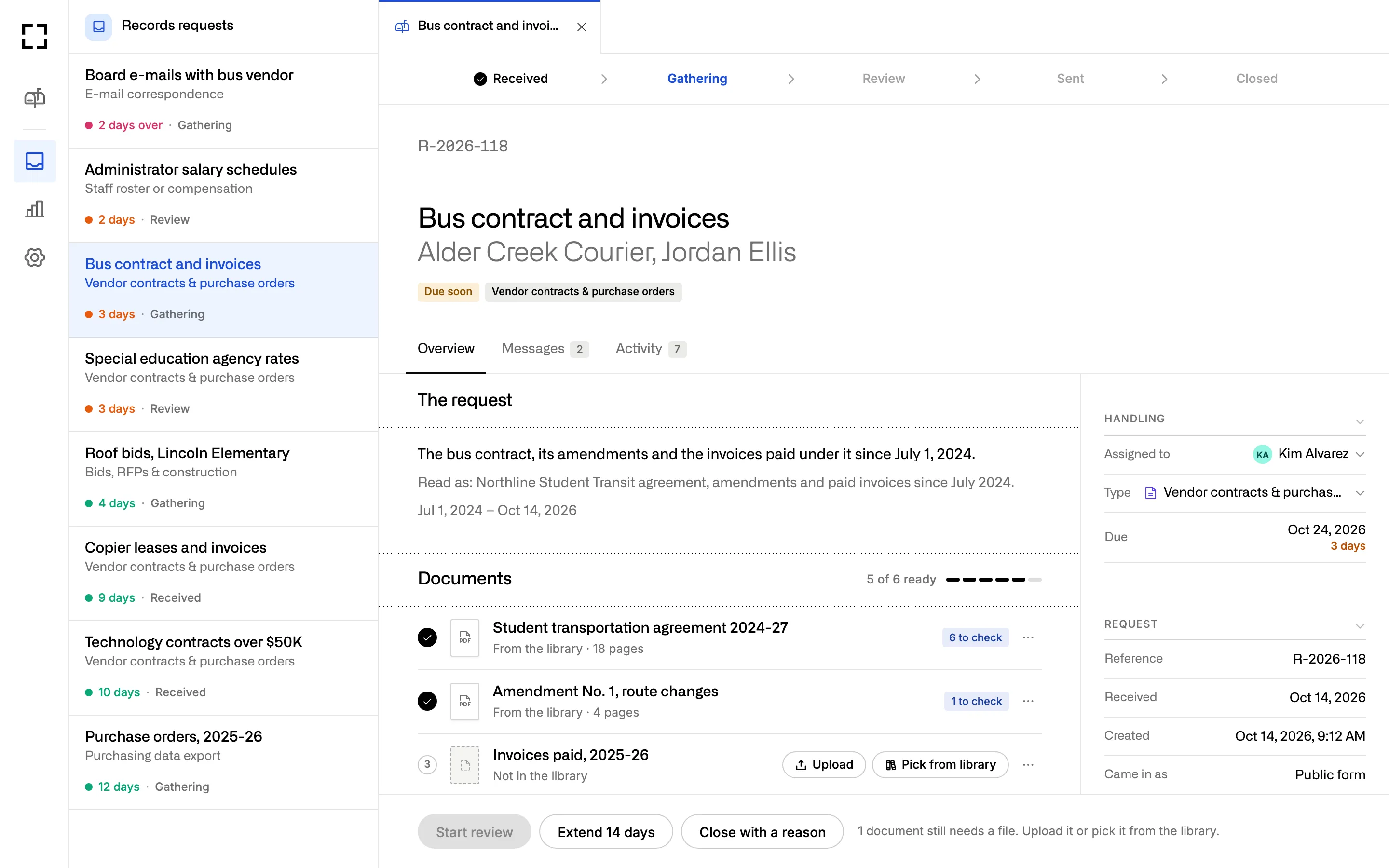 A records request open in District Focus: the inbox on the left, and request R-2026-118 for a bus contract and invoices at the Gathering step, with five of six documents ready and a due date three days out.