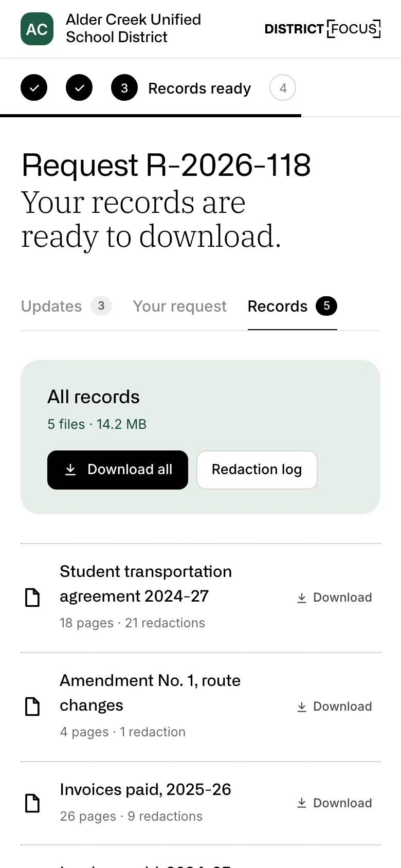Requester side: the district’s page on a phone, with Request R-2026-118, Your records are ready to download, Download all, the redaction log and each redacted file.