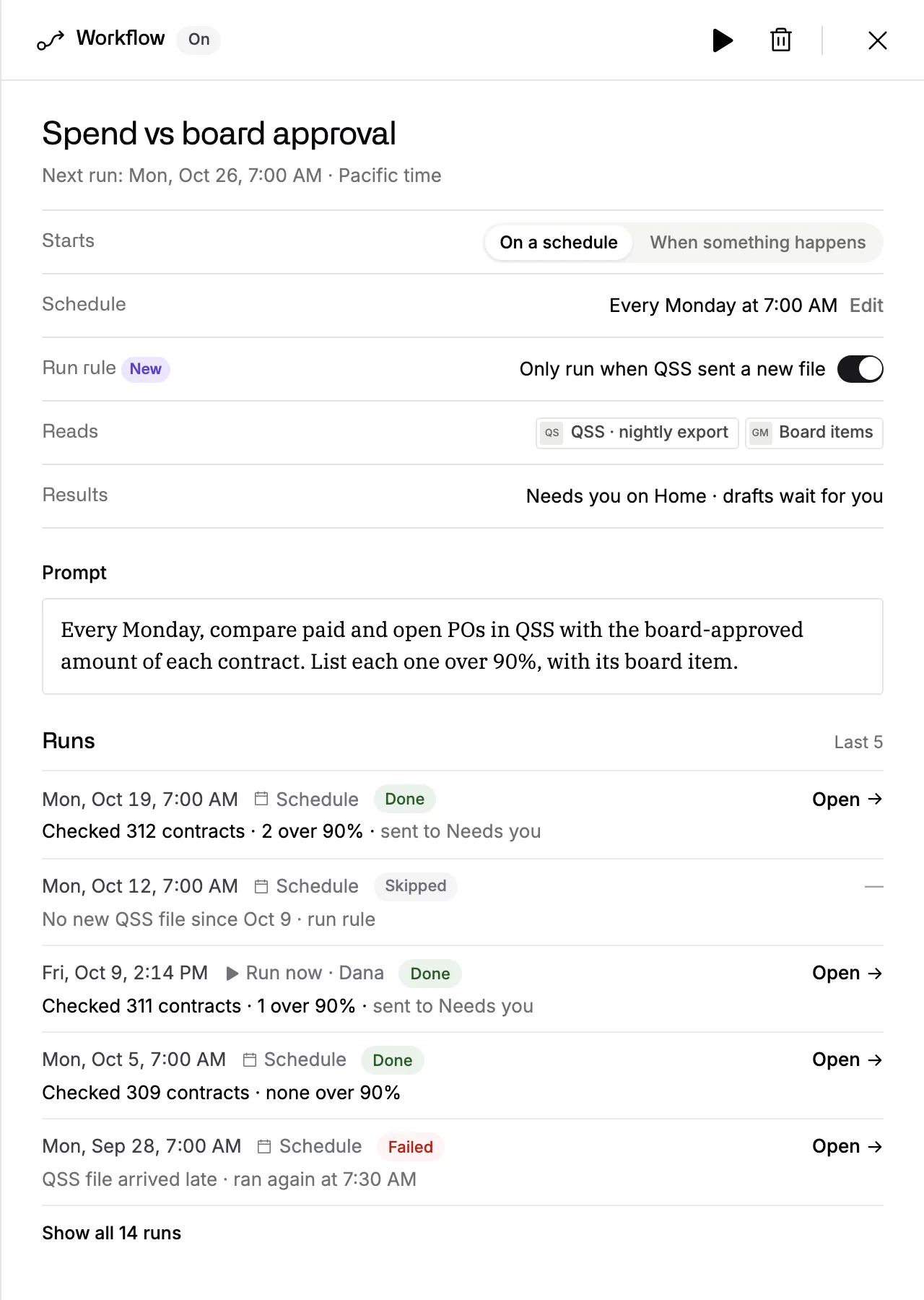 One workflow, Spend vs board approval: it starts on a schedule or when something happens, runs only when QSS sends a new file, and lists its last five runs.
